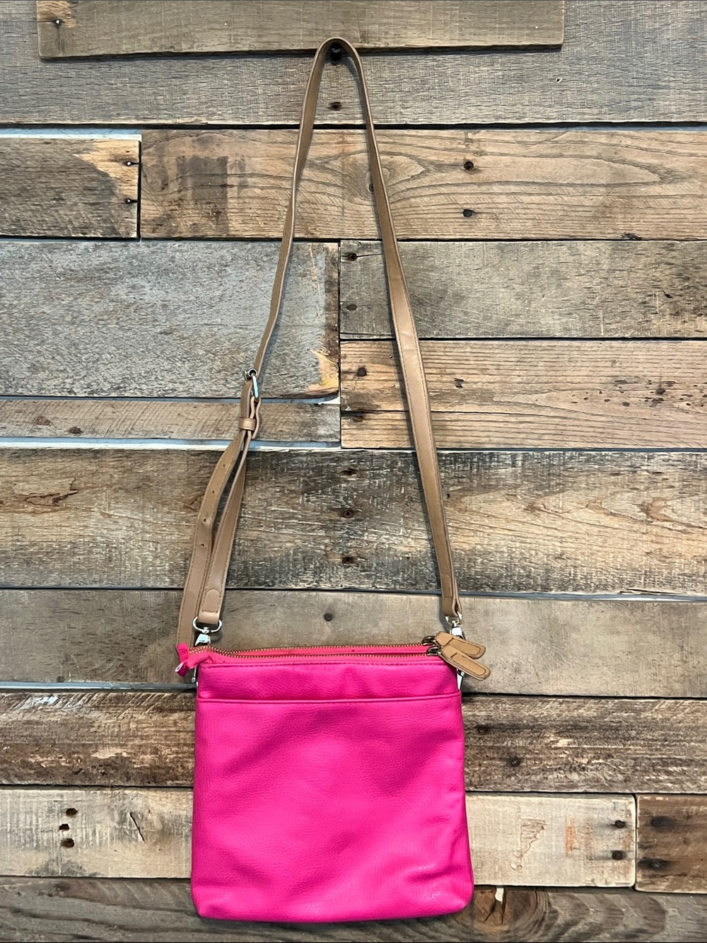 Women’s Hot Pink Crossbody Bag with Tan Strap